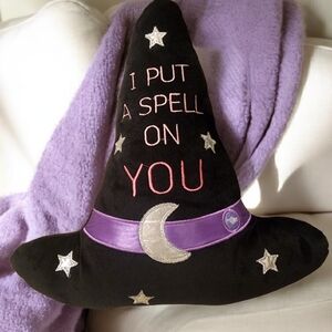 Black Witch Hat Throw Pillow with Sparkling Stars